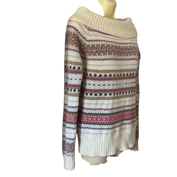 Old Navy Colorful Embellished Lambs’ Wool Sweater Woman Size Large Off Shoulder - Picture 2 of 9